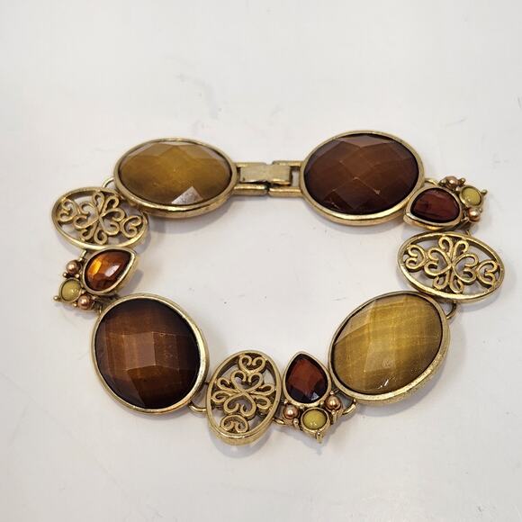 Oval Panel Earth Tone Faceted Rhinestone Bracelet Gold Tone Brown Yellow Jewelry - Picture 3 of 5